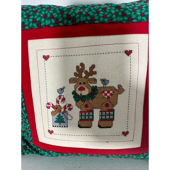 Handmade Cross Stitch Reindeer Christmas Pillow With Red & Green Holly Design 12 - Picture 4 of 7